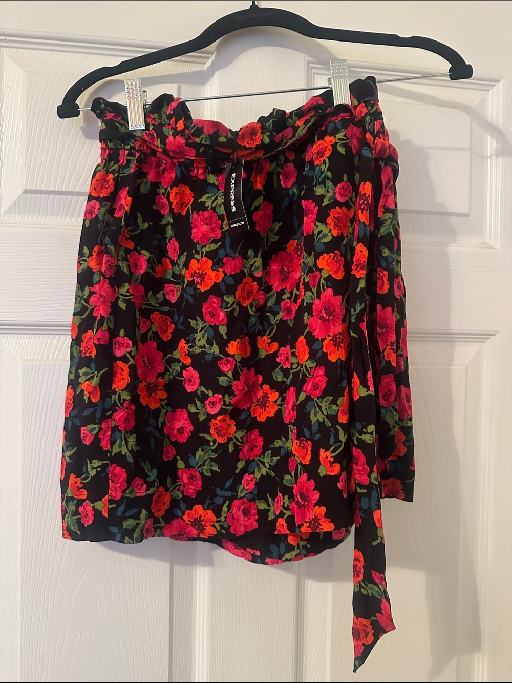 Express Black Mini Skirt with Pink & Red Floral Print